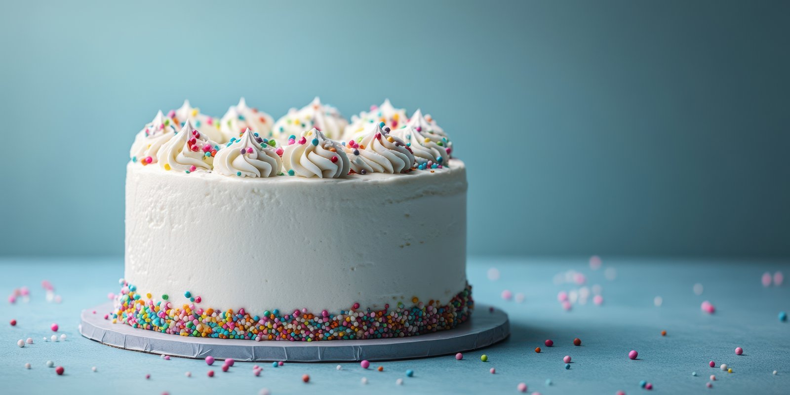 Colorful cake with sprinkles displayed on a blue background suitable for celebrations and dessert lovers